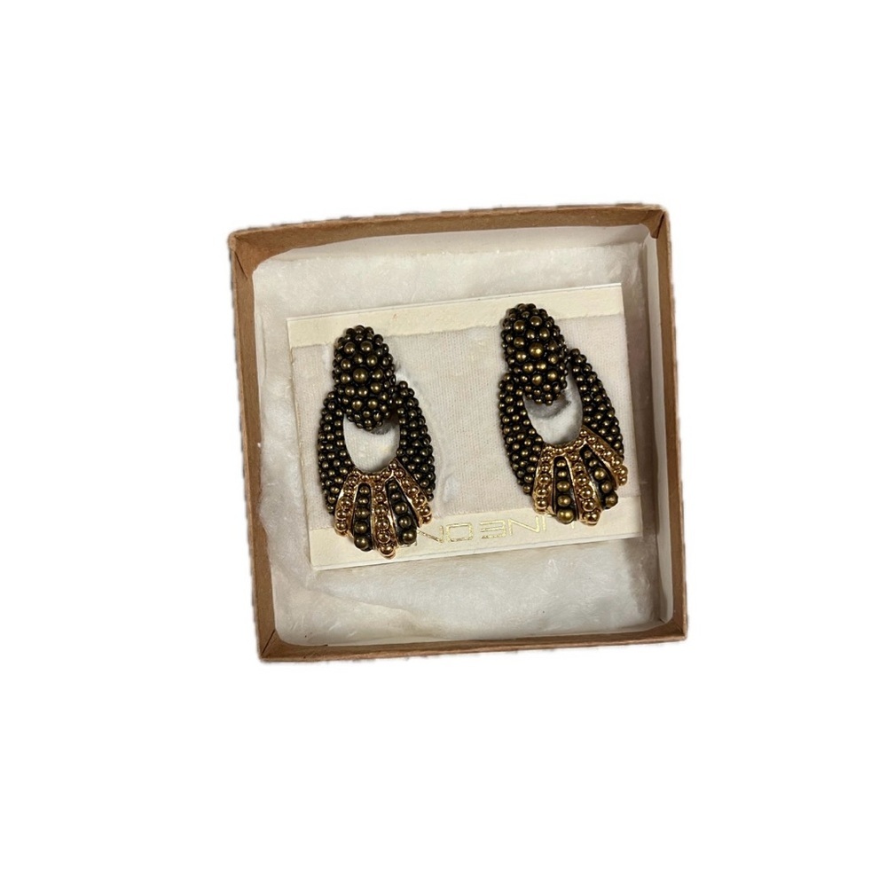 line one grey gold black beaded caviar clip on earrings dangle vintage designer